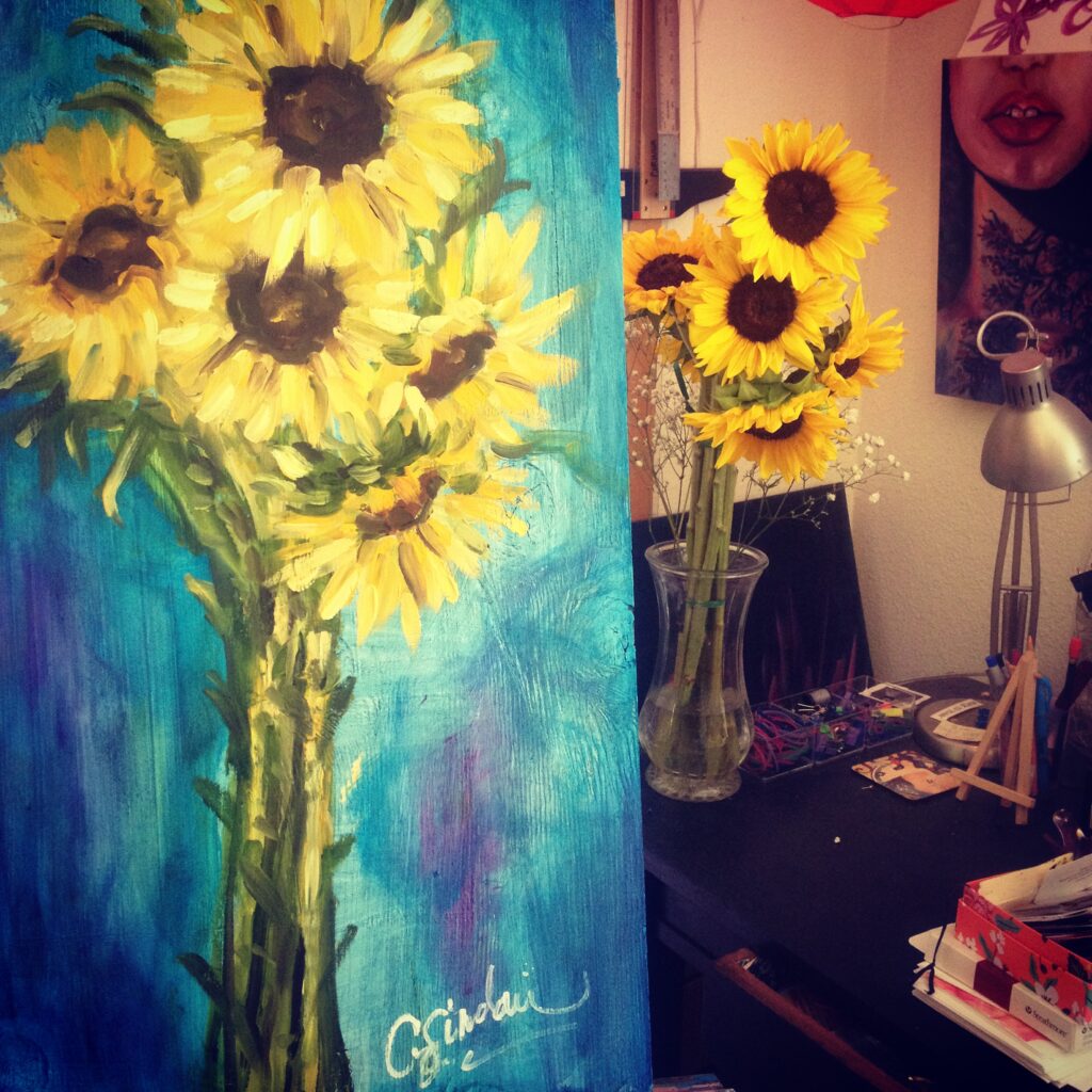 Sunflowers on wood panel